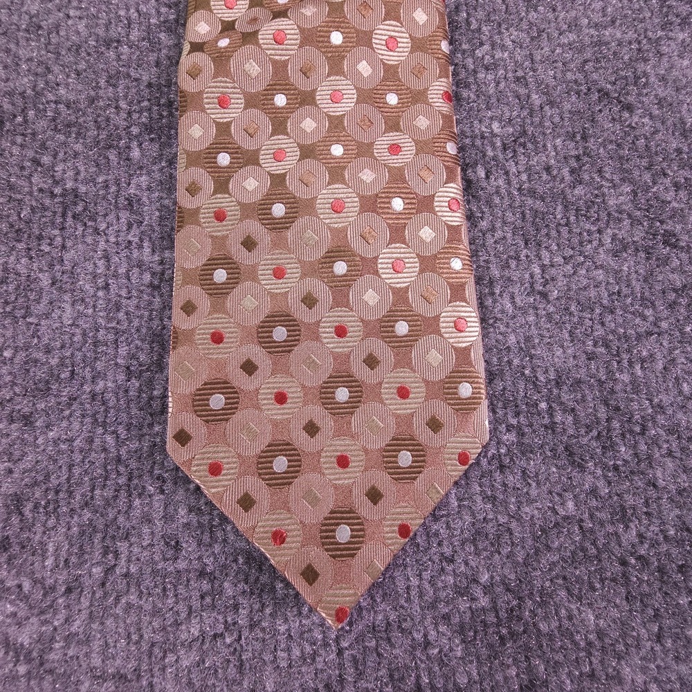 Geoffrey Beene Tie Handmade 100% Silk Brown Red Circles‎ Geometric